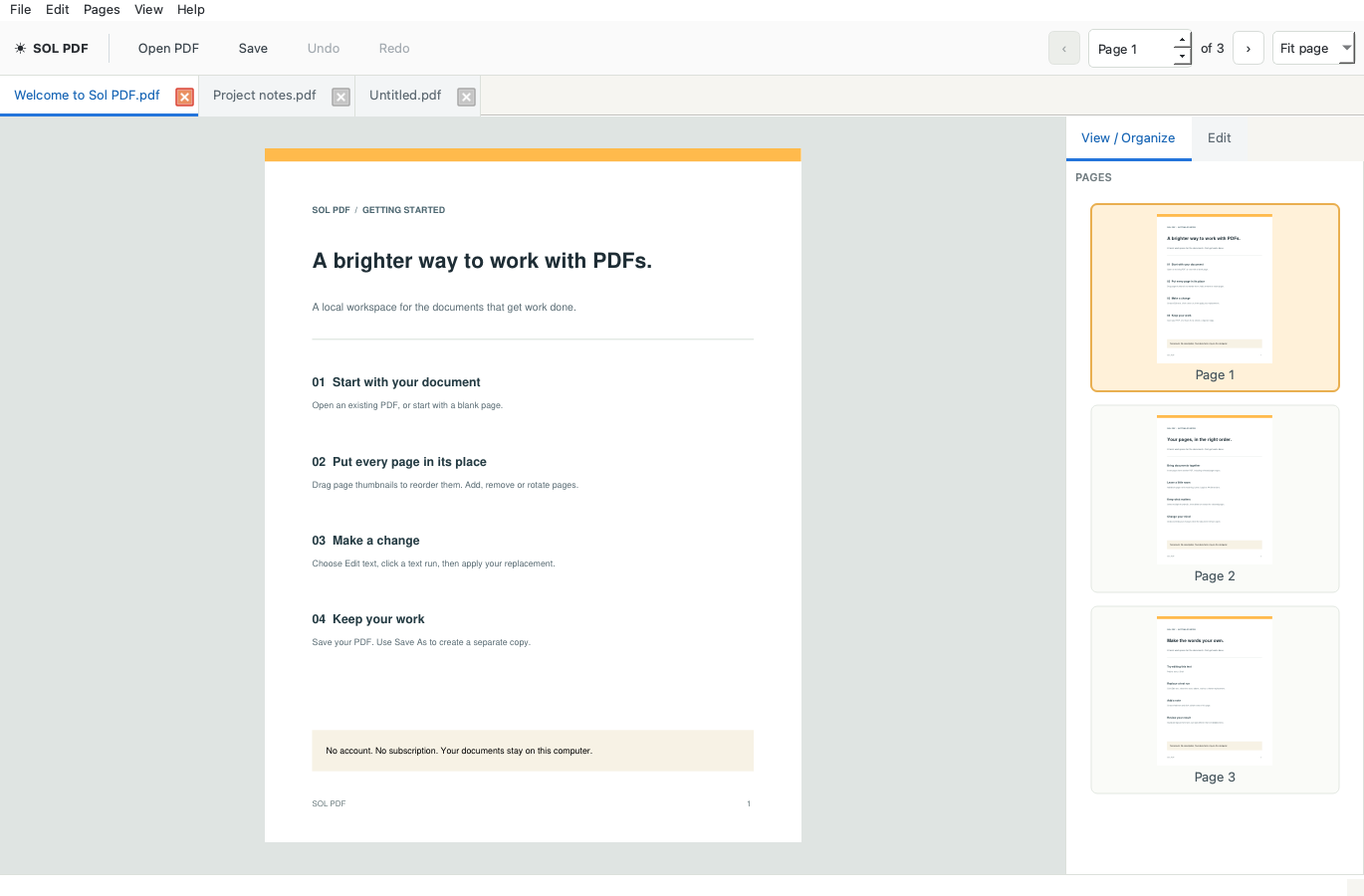 Sol PDF desktop editor with multiple document tabs and page editing controls